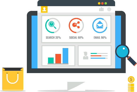 Illustration Desktop-Bildschirm mit Lupe, Search-, Social-, Email-Präsentation, Dollarzeichen, Einkaufstasche
