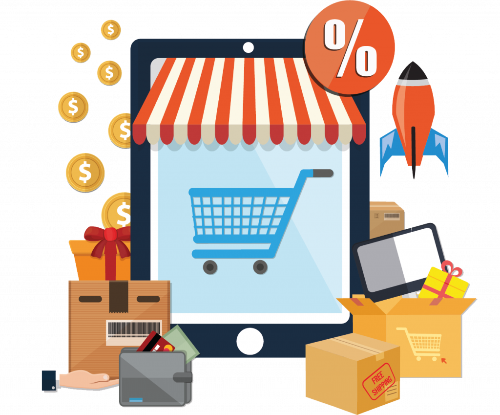 Illustration Online Shop mit Tablet, Einkaufswagen Geschenkspaketen, Rakete, Magento mit AWS Hosting,