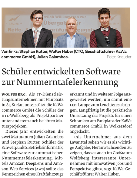 Presseartikel: HTL-Wolfsberg und KaWa commerce Walter Huber, Julian Galambos, Stefan Rutter
